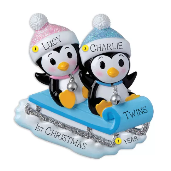 Cheap Personalized Blue And Pink Twin Penguins Ornament Baby