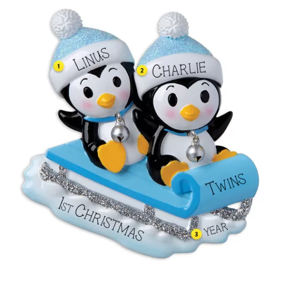 Hot Personalized Blue Twin Penguins Ornament Baby