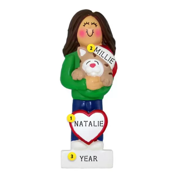 Clearance Ornament Central Personalized Cat Lover Ornament- Female, Brown Hair