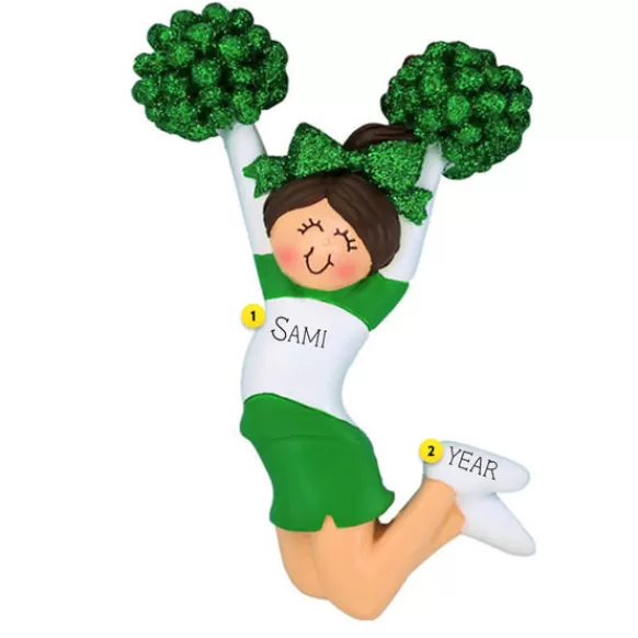 Online Ornament Central Personalized Cheerleader With Green Uniform Ornament - Female, Brown Hair
