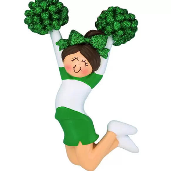 Online Ornament Central Personalized Cheerleader With Green Uniform Ornament - Female, Brown Hair
