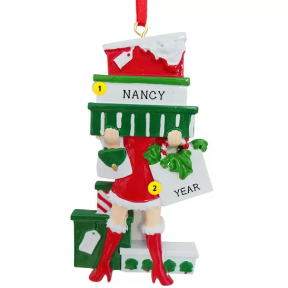 Fashion Rudolph & Me Personalized Christmas Shopper With A Pile Of Presents Ornament