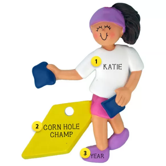 Online Personalized Corn Hole Ornament: Female, Brunette Fun & Games