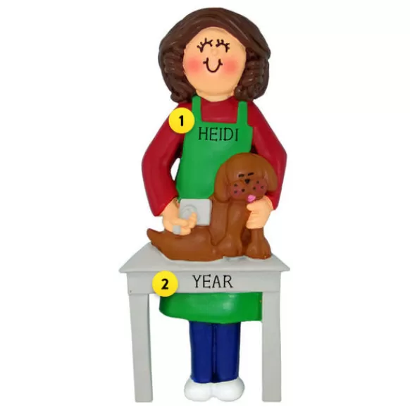 Hot Ornament Central Personalized Dog Groomer Ornament- Female, Brunette