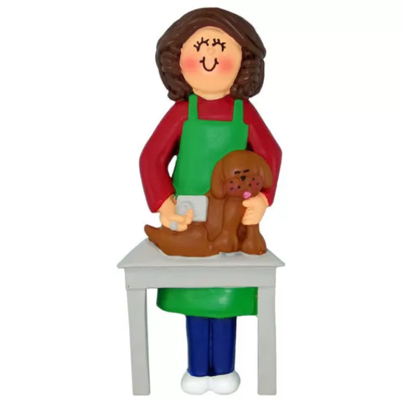 Hot Ornament Central Personalized Dog Groomer Ornament- Female, Brunette