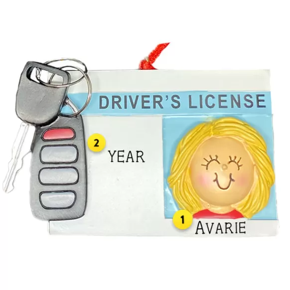 New Personalized Driver's License With Key Fob Ornament - Female, Blonde Hair New Drivers