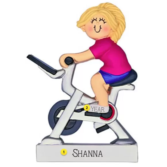 Online Ornament Central Personalized Exercise Bike Ornament - Female, Blonde Hair