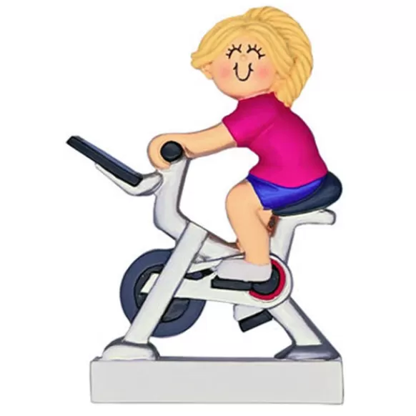 Online Ornament Central Personalized Exercise Bike Ornament - Female, Blonde Hair