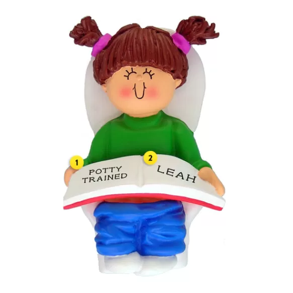Fashion Personalized Potty Training Toddler Ornament - Female, Brown Hair Growing Up