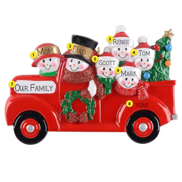 Best Sale Personalized Red Truck Snowman Family Of 6 Ornament Transportation