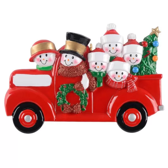 Best Sale Personalized Red Truck Snowman Family Of 6 Ornament Transportation