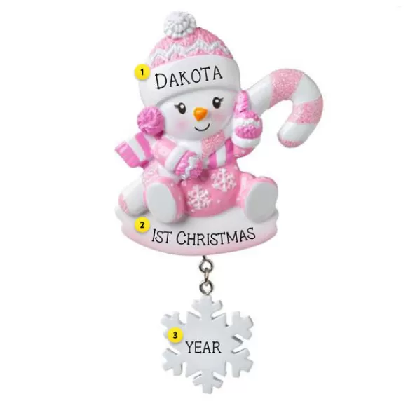Best Sale Personalized Snowbaby With Candy Cane Ornament - Pink Baby