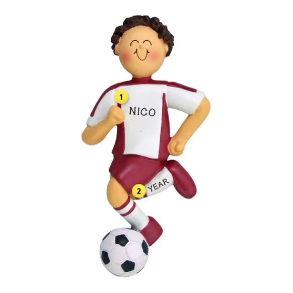 Online Ornament Central Personalized Soccer Ornament - Male With Brown Hair, Red Uniform