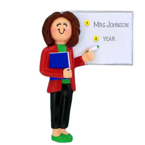 Discount Personalized Teacher Ornament, Brunette Female School Days